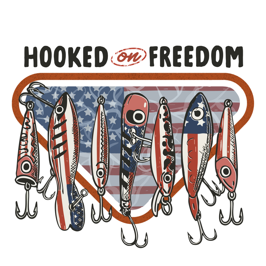 Hooked on Freedom Tee featuring Americana-themed fishing lures with stars-and-stripes badge, perfect for a casual, patriotic look. Comfortable, durable, and available in multiple sizes.