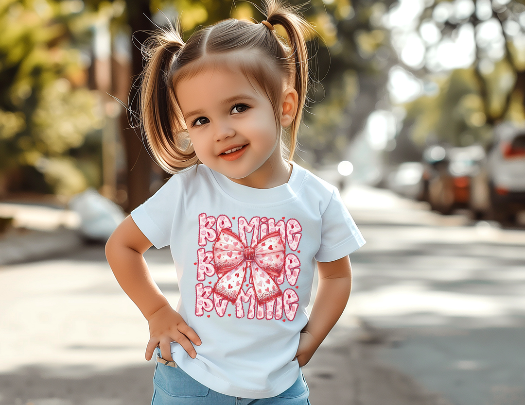 Young girl wearing Be Mine Toddler Tee with pink-and-red bow graphic, smiling outdoors. Ideal for toddlers, this soft, durable cotton tee ensures comfort for sensitive skin.