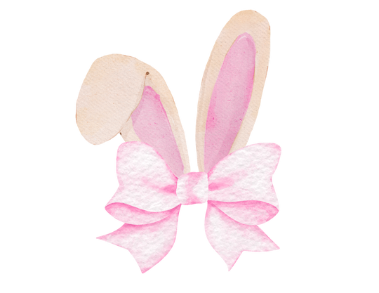 Watercolor illustration of Bunny Bow Tee: bunny ears with one flopped, one upright, soft pink interior, tied by a large pink bow.