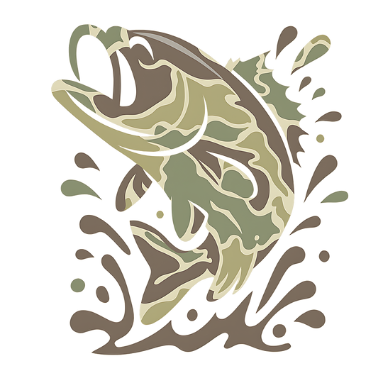 Camo Fish Toddler Hoodie features a vector-art fish in a camouflage pattern leaping from water, designed for comfort with a jersey-lined hood and side-seam pockets.