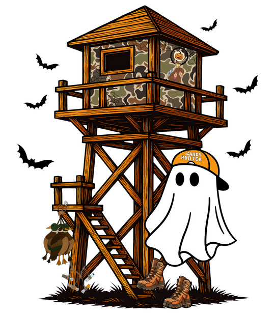 Candy Ghost Toddler Hoodie featuring a Halloween-themed hunting scene with a ghost in a Candy Hunter cap, duck decoys, and a woodland camo hunting blind.