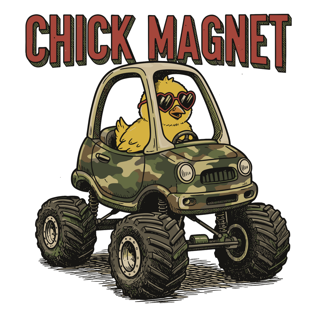 Cartoon chick in heart sunglasses drives camouflage monster-truck; slogan CHICK MAGNET on kids' cotton tee, ideal for everyday wear.