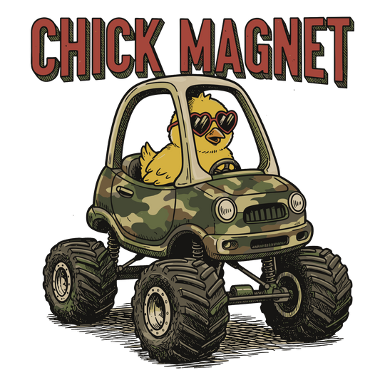 Cartoon chick in heart sunglasses drives camouflage monster-truck; slogan CHICK MAGNET on kids' cotton tee, ideal for everyday wear.