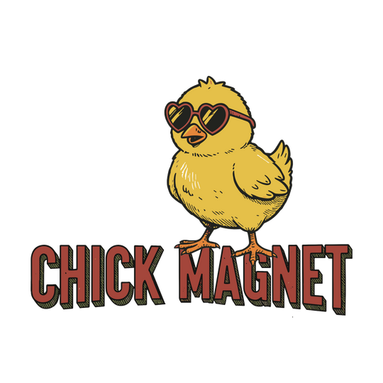 Cartoon of a yellow chick in heart sunglasses with CHICK MAGNET text, featured on a children's cotton tee from Faith Family Designs.