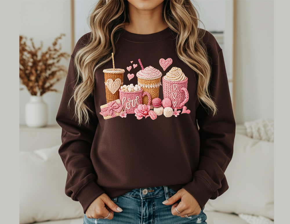 Woman wearing Coffee Love Crew sweatshirt featuring cozy drink graphics, casually styled with ripped jeans, embodying comfort and unique design from Faith Family Designs.