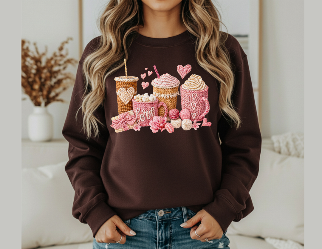 Woman wearing Coffee Love Crew sweatshirt featuring cozy drink graphics, casually styled with ripped jeans, embodying comfort and unique design from Faith Family Designs.