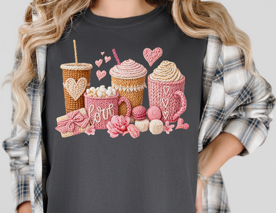 Coffee Love Tee featuring a cozy, yarn-inspired graphic with mugs, hearts, and knitting motifs, perfect for craft and coffee enthusiasts.