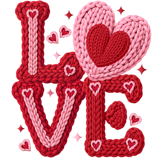 Love Heart Long Sleeve Tee features LOVE in chunky, braided yarn letters with heart motifs, creating a cozy, handcrafted look on soft, garment-dyed cotton fabric.