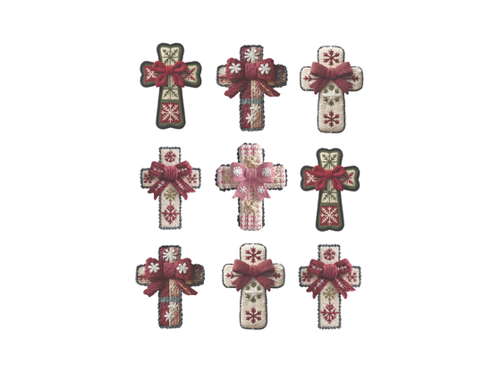 Nine handcrafted, Christmas-themed cross-shaped ornaments with snowflake motifs and yarn bows, showcasing Faith Family Designs' unique textile decorations.