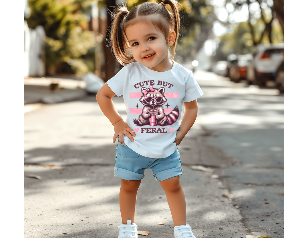 Cute but Feral Toddler Tee, designed for toddlers with sensitive skin, featuring a classic fit and durable print, perfect for adventurous first steps.