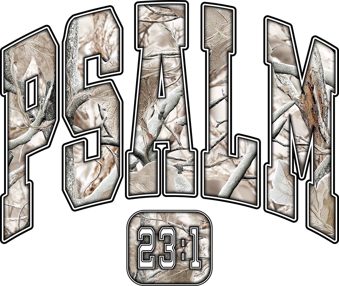 Bold PSALM varsity-style design with twig-and-leaf texture, featuring 23:1 beneath, on a unisex, garment-dyed Camo Psalm 23 Tee.