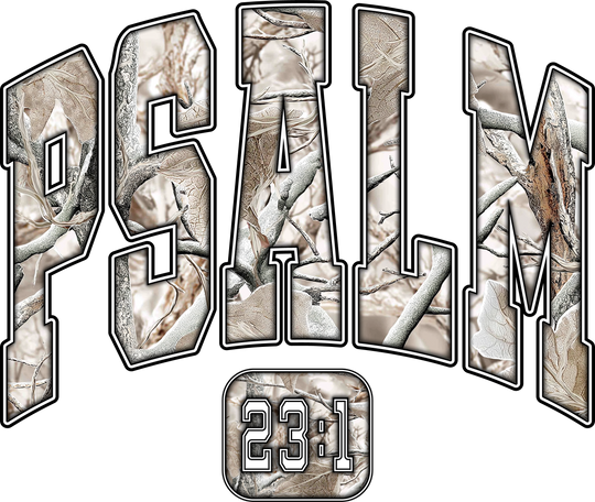 Bold PSALM varsity-style design with twig-and-leaf texture, featuring 23:1 beneath, on a unisex, garment-dyed Camo Psalm 23 Tee.