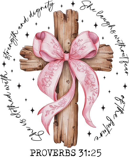Rustic wooden cross with floral ribbon symbolizes the Proverbs 31:25 Crew sweatshirt's blend of comfort and style, perfect for Faith Family Designs' unique apparel collection.