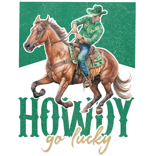 Howdy Go Lucky Tee featuring a man riding a horse, showcasing equestrian elements. Comfortable, soft cotton with a classic fit, perfect for casual wear.