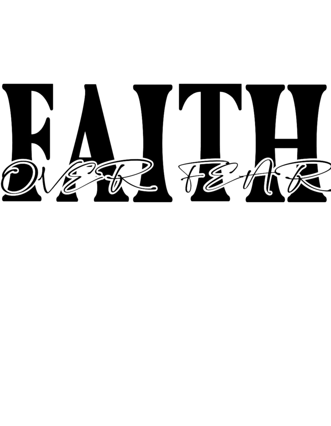 A black and white Faith Over Fear Hoodie, featuring a cozy blend of cotton and polyester. Unisex, with a kangaroo pocket and matching drawstring hood. Classic fit, medium-heavy fabric.