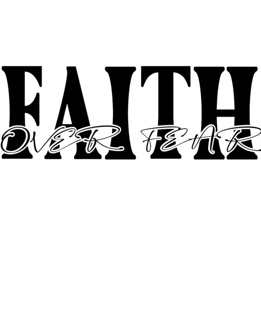 A black and white Faith Over Fear Hoodie, featuring a cozy blend of cotton and polyester. Unisex, with a kangaroo pocket and matching drawstring hood. Classic fit, medium-heavy fabric.
