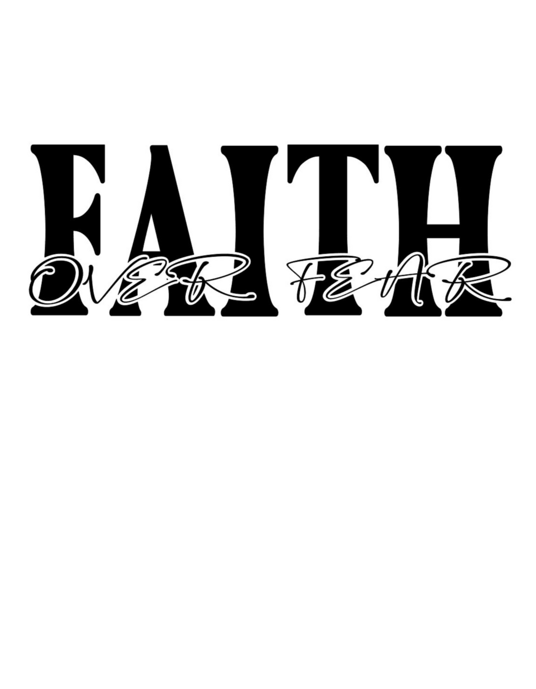 A black and white graphic tee featuring Faith Over Fear text and various logos. Made of 100% ring-spun cotton with a relaxed fit and durable double-needle stitching. From Worlds Worst Tees.
