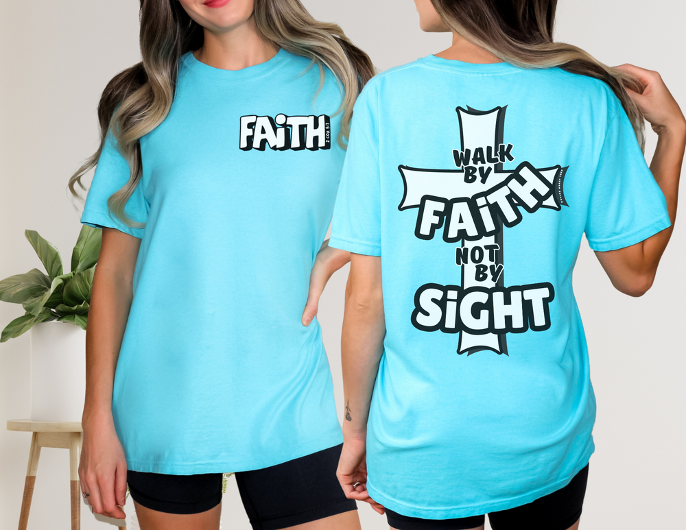 A relaxed fit Walk By Faith Not By Sight Tee in ring-spun cotton. Garment-dyed for coziness, with double-needle stitching for durability. Perfect for daily wear with a tubular shape.
