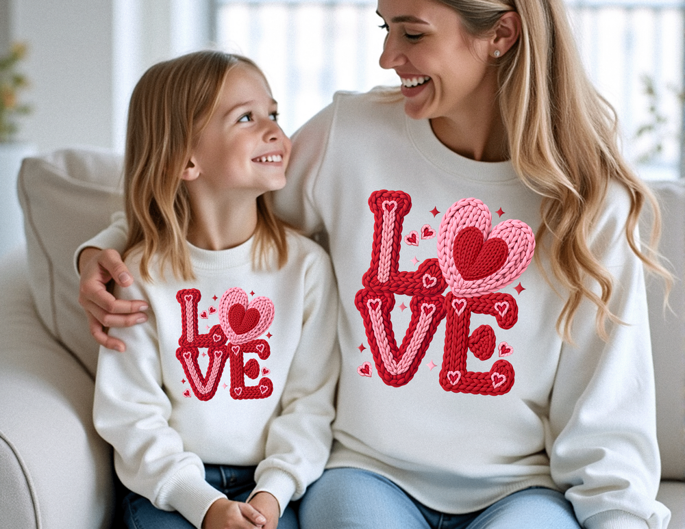 Mother and daughter wearing matching Love Heart Crew sweatshirts, smiling warmly on a couch, showcasing the sweatshirt's comfort and heart-themed design.