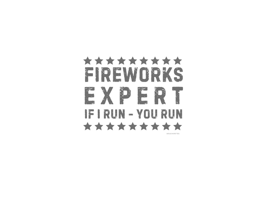 A close-up of a sign with stars and text, featuring a grey letter P, E, R, and X on a white background. Product: Firework Expert Tee - Unisex jersey tee, 100% cotton, ribbed knit collars, retail fit.