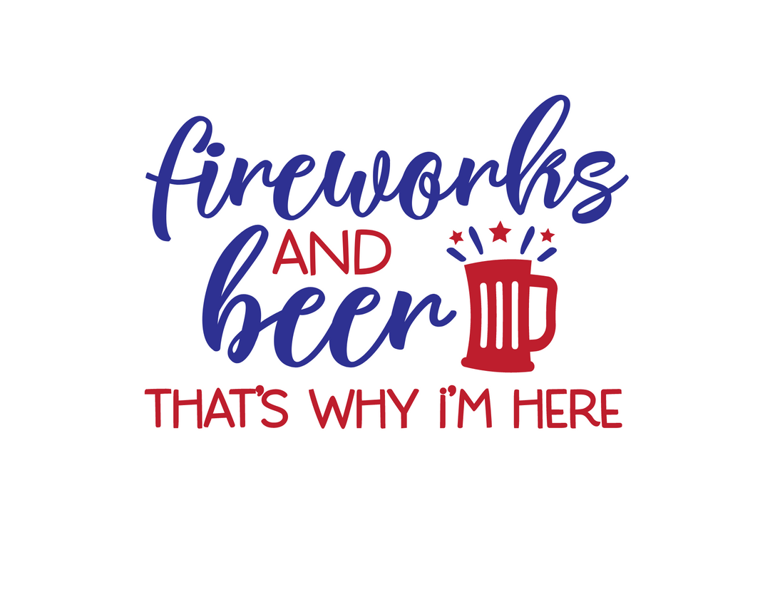 A premium Fireworks and Beer Tee in light fabric, featuring a bold blue and red text design. Comfy and light, perfect for workouts or daily wear. 100% combed, ring-spun cotton. Sizes XS to 4XL.