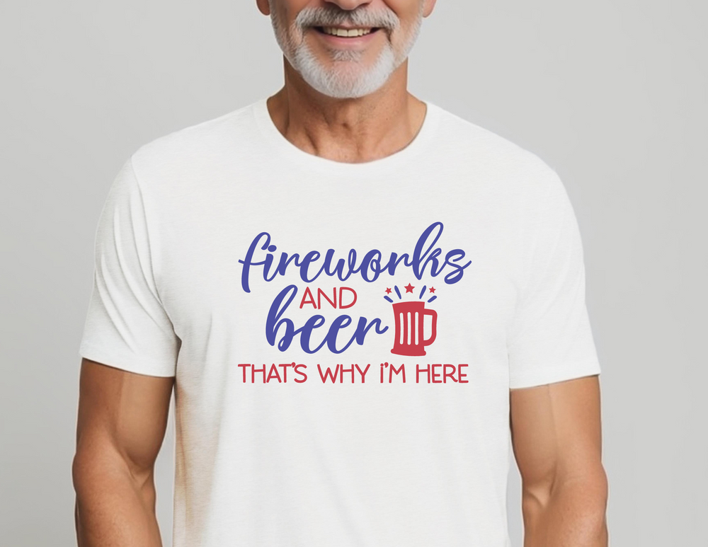 A premium Fireworks and Beer Tee, featuring a man in a white shirt with a close-up of a smile. Made of 100% combed cotton, light fabric, tear-away label, and a comfortable fit. Ideal for workouts or daily wear.