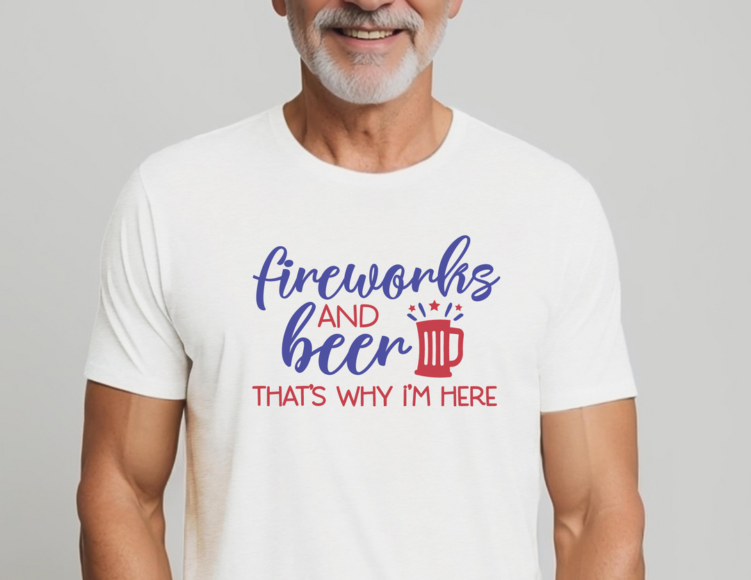 A premium Fireworks and Beer Tee, featuring a man in a white shirt with a close-up of a smile. Made of 100% combed cotton, light fabric, tear-away label, and a comfortable fit. Ideal for workouts or daily wear.