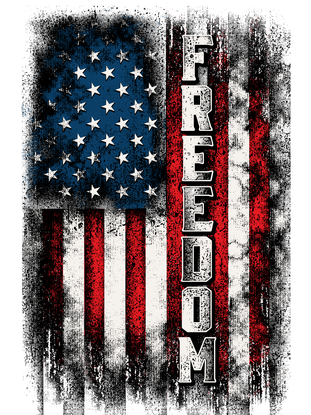 Distressed American flag design with FREEDOM text on a Comfort Colors 1717 t-shirt, offering a relaxed fit in soft-washed, garment-dyed 100% cotton.