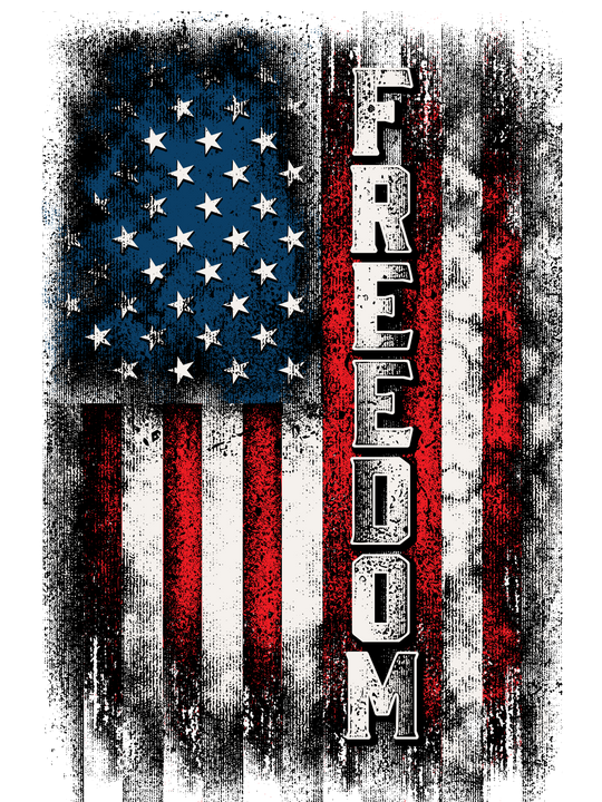 Distressed American flag design with FREEDOM text on a Comfort Colors 1717 t-shirt, offering a relaxed fit in soft-washed, garment-dyed 100% cotton.