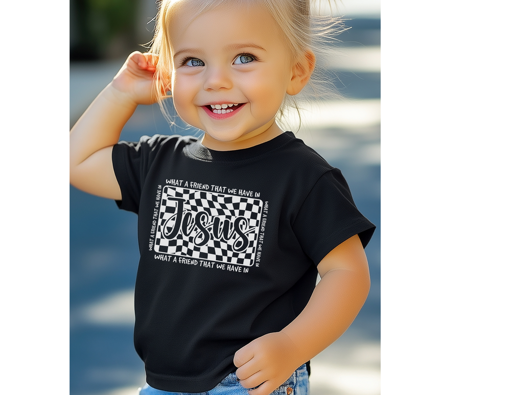What a Friend We Have in Jesus Toddler Tee: A comfy, custom short sleeve t-shirt for kids, made from soft Airlume cotton, perfect for everyday wear.