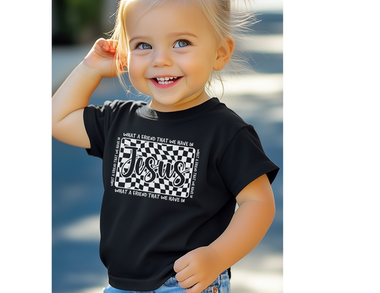 What a Friend We Have in Jesus Toddler Tee: A comfy, custom short sleeve t-shirt for kids, made from soft Airlume cotton, perfect for everyday wear.