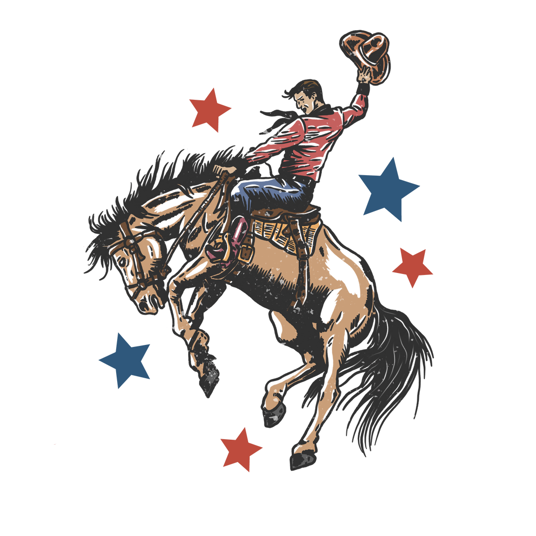 Vintage-style Make America Country Again Tee featuring a cowboy on a bronco with Americana stars, emphasizing classic Western vibes and soft cotton comfort.