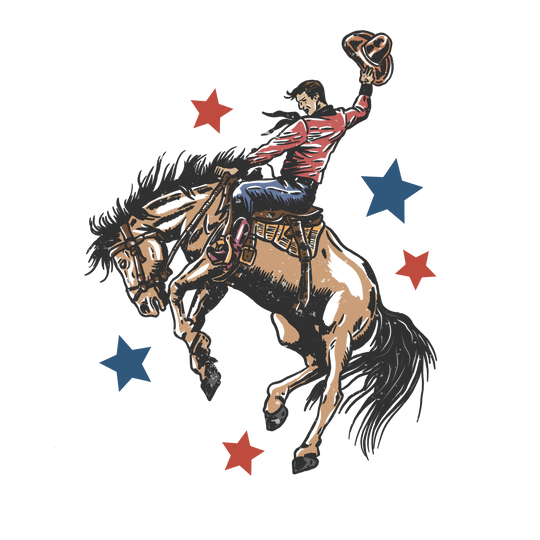 Vintage-style Make America Country Again Tee featuring a cowboy on a bronco with Americana stars, emphasizing classic Western vibes and soft cotton comfort.