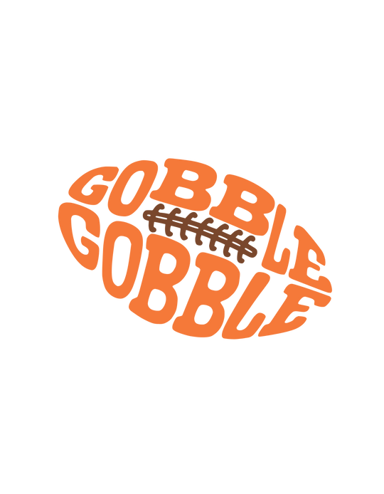 Graphic of 'GOBBLE GOBBLE' in orange, with football lace motif, on a cozy toddler sweatshirt by Faith Family Designs.