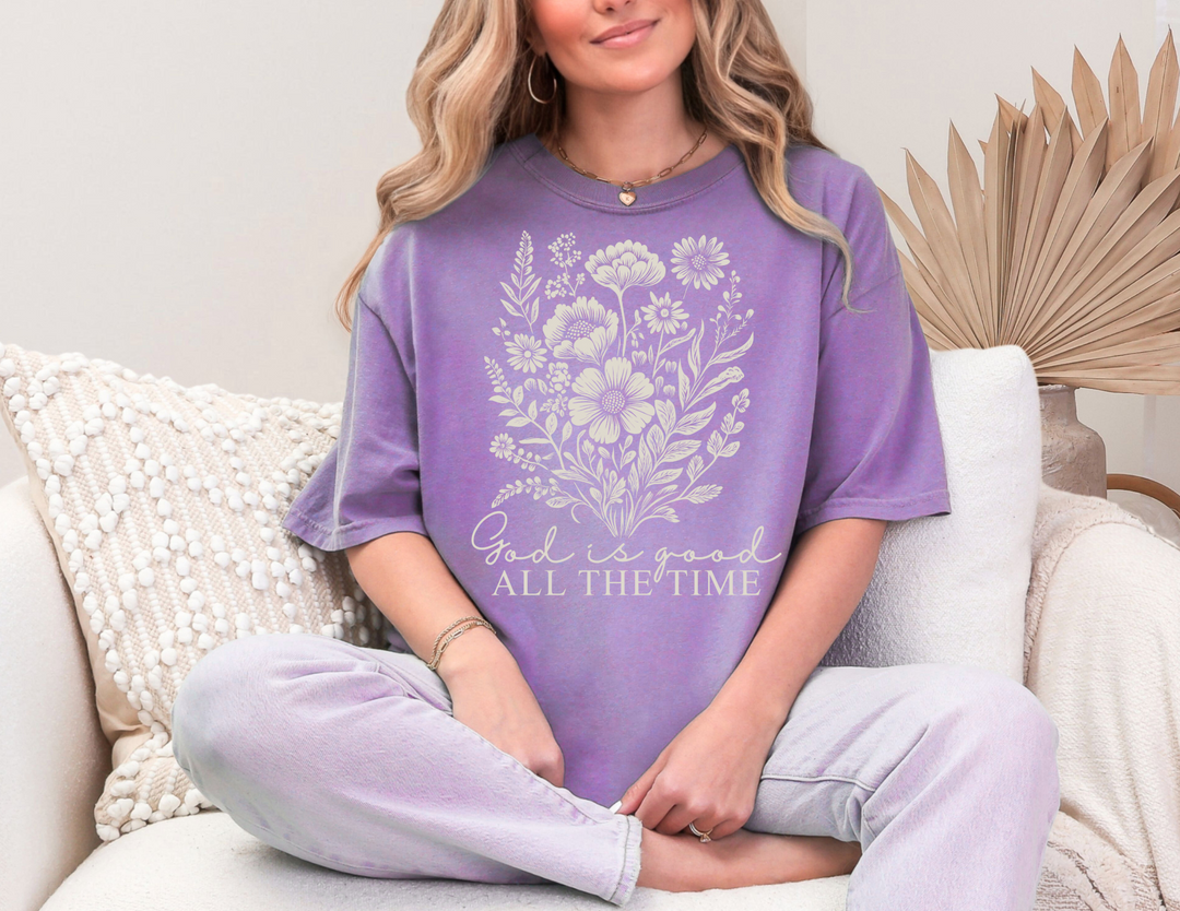 God is Good All the Time Tee, featuring a relaxed fit and durable garment-dyed fabric, ideal for casual wear and customization.