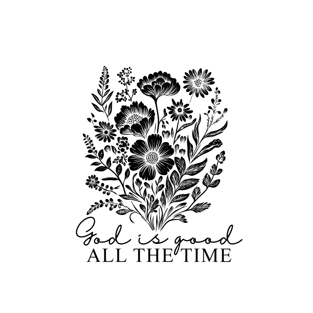 Botanical illustration of flowers with God is good ALL THE TIME text on the GOD is Good All the Time Long Sleeve Tee, showcasing style and faith.