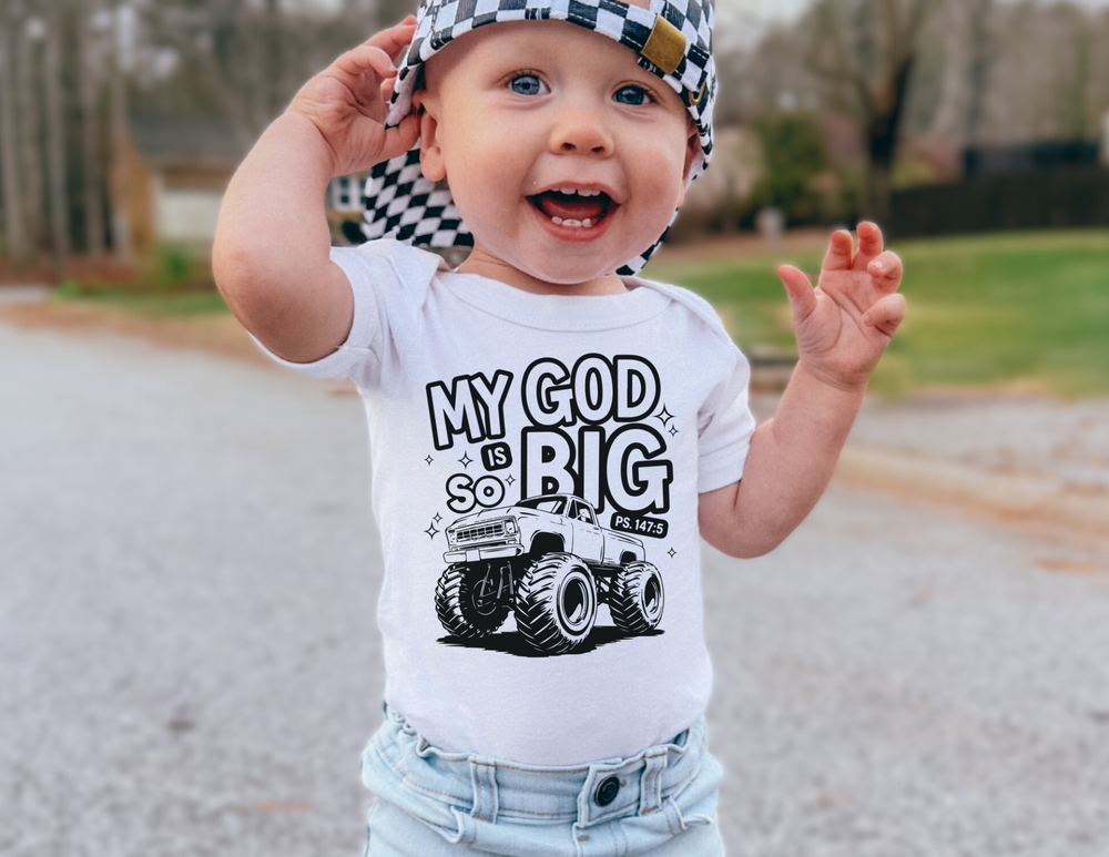 Infant onesie with My GOF is So Big design, featuring lap shoulders and tear-away label, crafted from soft, 100% combed ringspun cotton.