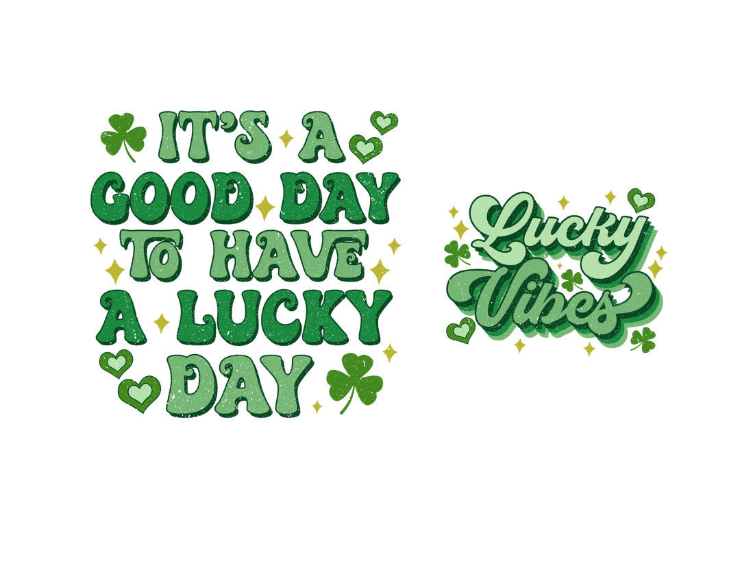 Good Day Lucky Day Tee featuring green festive typography with clovers and sparkles, ideal for St. Patrick's Day celebrations. Soft, comfortable unisex fit.
