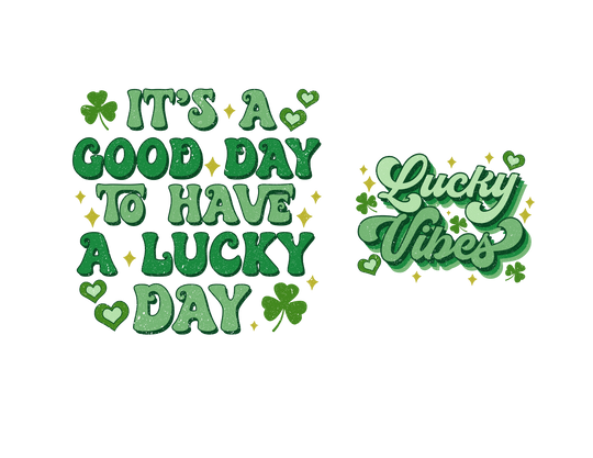 Good Day Lucky Day Tee featuring green festive typography with clovers and sparkles, ideal for St. Patrick's Day celebrations. Soft, comfortable unisex fit.