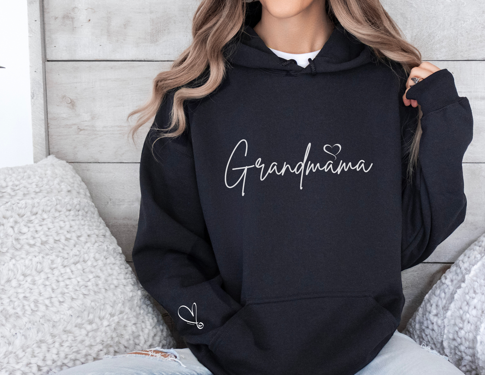 A cozy Grandmama Hoodie, a blend of cotton and polyester, featuring a kangaroo pocket and drawstring hood. Unisex, classic fit, tear-away label, ideal for printing. Medium-heavy fabric for warmth and comfort.