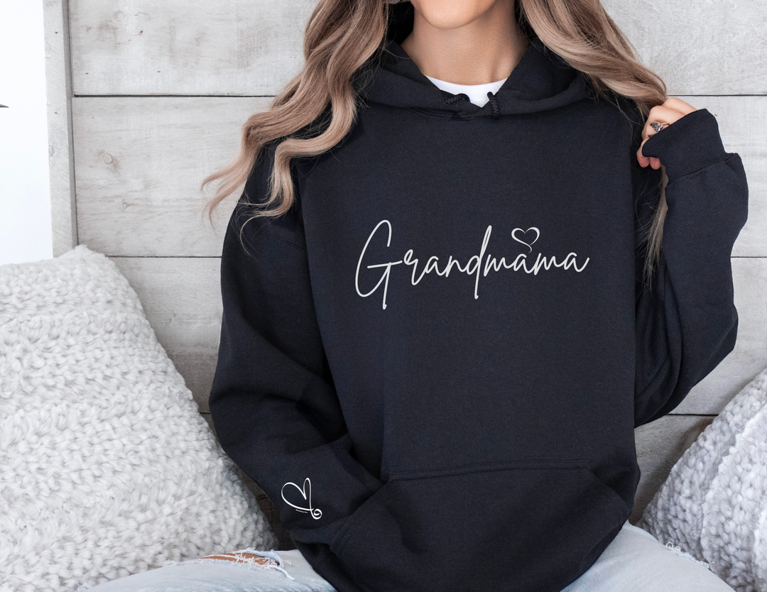 A cozy Grandmama Hoodie, a blend of cotton and polyester, featuring a kangaroo pocket and drawstring hood. Unisex, classic fit, tear-away label, ideal for printing. Medium-heavy fabric for warmth and comfort.