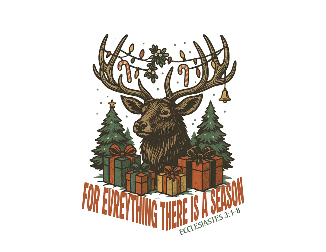 Vintage-style Christmas scene with a stag's head adorned in festive decorations, featured on the For Everything There is a Season Christmas Long Sleeve Tee.