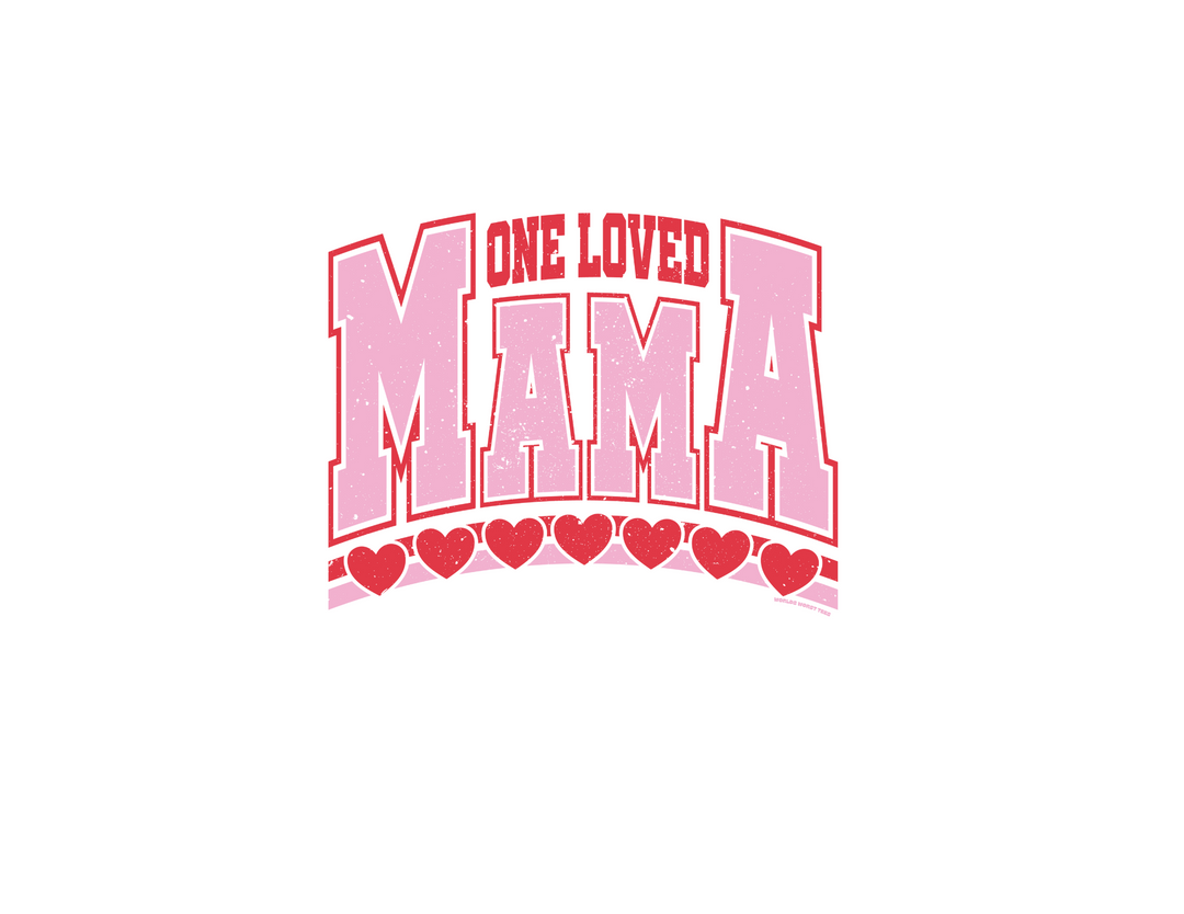 One Loved Mama Crew sweatshirt features a pink and white heart-themed graphic, offering comfort with a 50% cotton, 50% polyester blend.