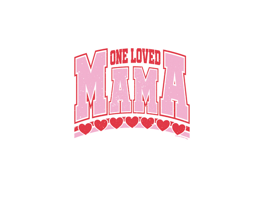One Loved Mama Crew sweatshirt features a pink and white heart-themed graphic, offering comfort with a 50% cotton, 50% polyester blend.