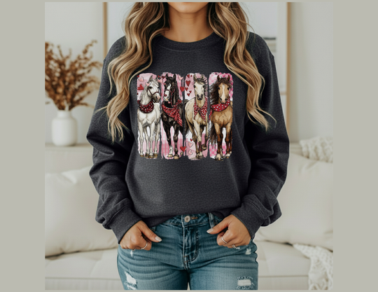 Person wearing the Horse Valentine Crew sweatshirt, featuring four stylized horses with red bandanas, perfect blend of comfort and unique design.