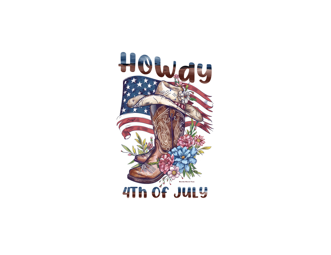 A classic Howdy 4th Tee with cowboy boots, hat, and flag illustration. Unisex jersey tee with ribbed knit collars, 100% Airlume combed cotton, retail fit, tear away label, and true-to-size fit.