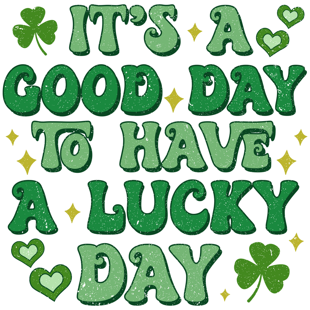 Good Day Lucky Day Hoodie with green graphics and a four-leaf clover, featuring a spacious kangaroo pocket and matching drawstring for style.