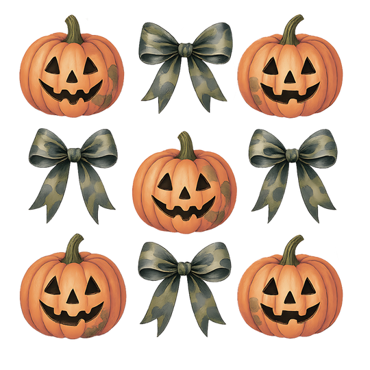 Pumpkins and Bows Toddler Crew: A cozy sweatshirt featuring a repeating pattern of smiling jack-o’-lanterns and camo-patterned bows, perfect for Halloween-themed comfort.