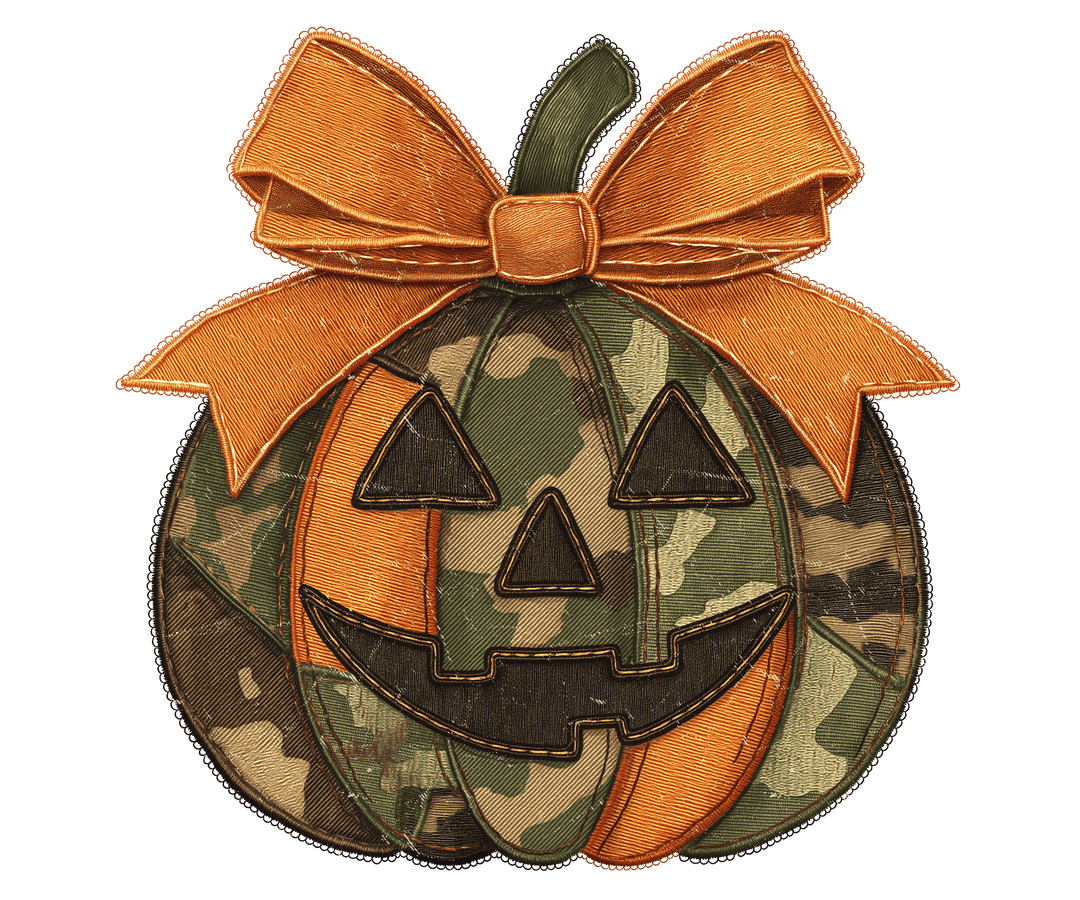 Jackie O Hoodie with an embroidered jack-o’-lantern patch, alternating orange and camo patterns, topped with a large bow, perfect for cozy, stylish wear.