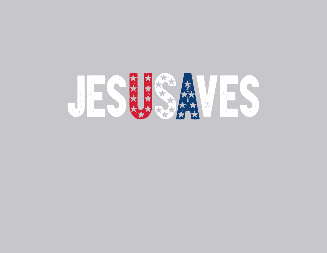 Jes usa ves Tee featuring 'JESUS SAVES' with 'USA' highlighted in stars, on a grey background. Classic unisex fit from Faith Family Designs.